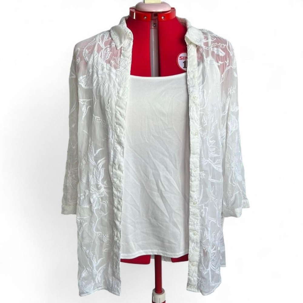Dana Buchman White Sheer Button Up Floral Embroidered Two Piece Shirt XL